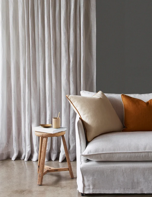 Photo of the fabric Paramount Dove in situ by James Dunlop. Use for Sheer Curtains. Style of Abstract, Sheer