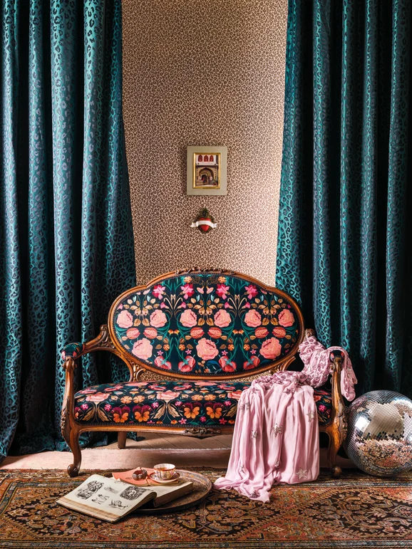 Photo of the fabric Bonita Velvet 8008 01 in situ by Romo. Use for Curtains, Upholstery, Accessory. Style of Floral And Botannical, Velvet