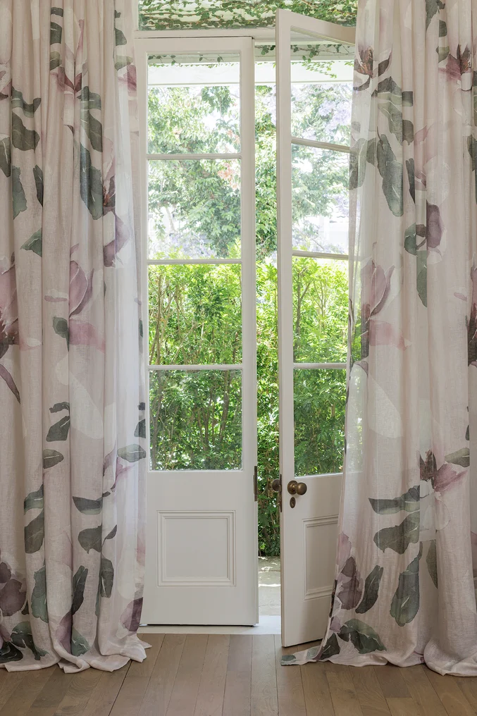 Floral sheer curtain fabric in serene setting