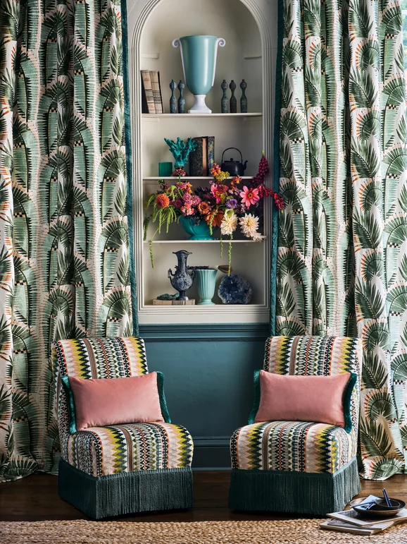 Photo of the fabric Farrah 8013 01 in situ by Romo. Use for Curtains, Upholstery, Accessory. Style of Embroidery, Floral And Botannical