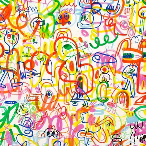 Photo of the fabric Rainbow Scrawl K5135 01 swatch by Kirkby Design. Use for Curtains, Upholstery, Accessory, Top of Bed. Style of Childrens