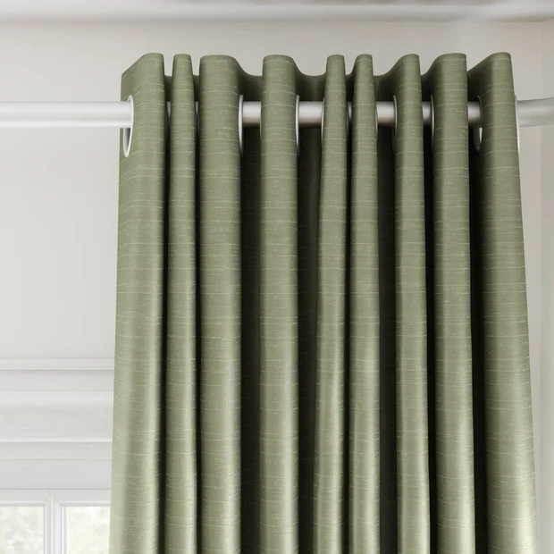 Photo of the fabric Luxe Sage swatch by James Dunlop Essentials. Use for Curtains, Accessory, Top of Bed. Style of Plain, Texture