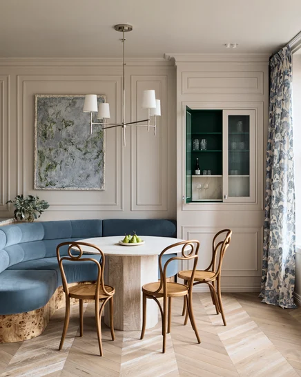 Banquette in Lech colour Sky by Zepel FibreGuard, curtains in Shalimar colour Copenhagen by Mokum | Photograph by Tom Blachford