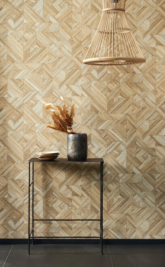 Photo of the fabric Paille Wallpaper 8818 8818 13 68 in situ by Casadeco. Use for Wall Covering. Style of Geometric