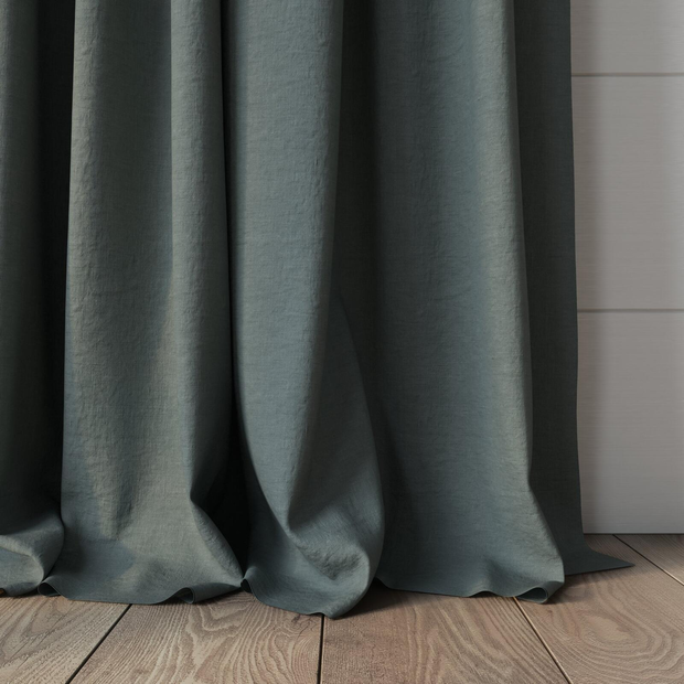 Photo of the fabric Satori Stonewash Teal swatch by Mokum. Use for Curtains, Upholstery Light Duty, Accessory, Top of Bed. Style of Plain, Texture