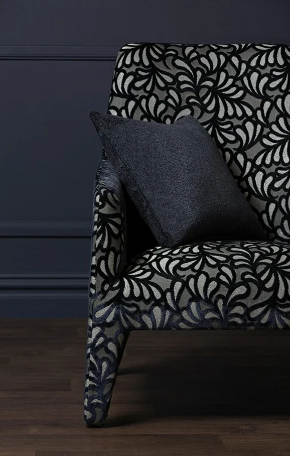 Photo of the fabric Maple Leaf Onyx in situ by Mokum. Use for Upholstery, Accessory. Style of Velvet