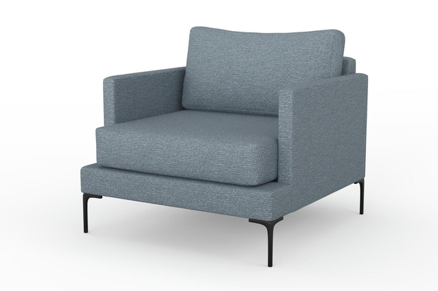 Photo of the fabric Grain Denim swatch by Mokum. Use for Upholstery, Accessory, Top of Bed. Style of Plain, Texture