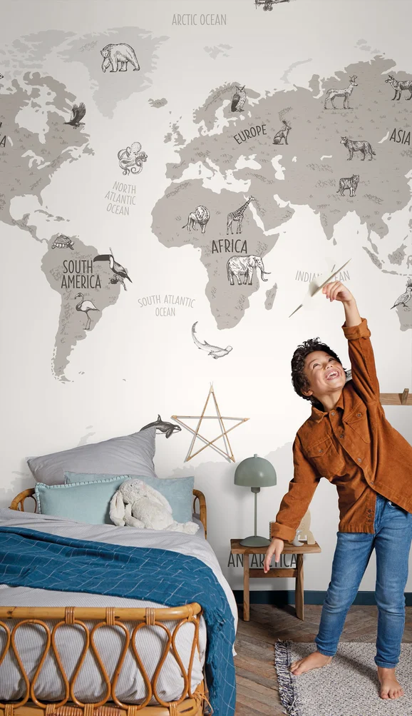 Photo of the fabric World Map Panel 10203 10203 20 66 in situ by Casadeco. Use for Wall Covering, Wall Panel/Mural