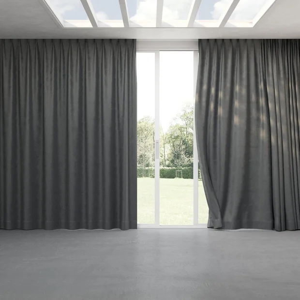 Photo of the fabric Velvelux Pewter swatch by Mokum FibreGuard. Use for Curtains, Upholstery, Accessory, Top of Bed. Style of Plain, Velvet
