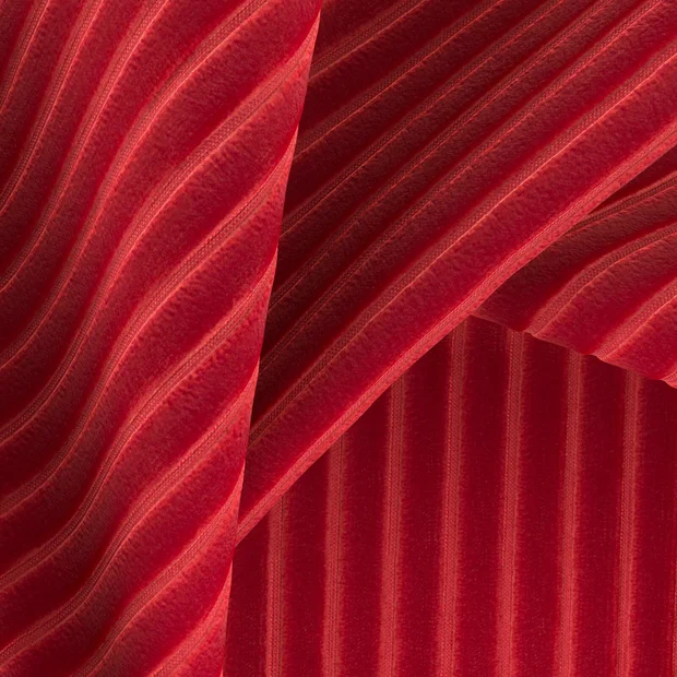 Photo of the fabric Embrace Lipstick swatch by Zepel FibreGuard. Use for Curtains, Upholstery, Accessory, Top of Bed. Style of Stripe, Velvet