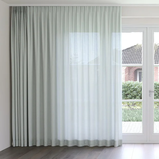 Photo of the fabric Envoy 2 Mist 320cm swatch by James Dunlop Essentials. Use for Curtains, Accessory, Top of Bed. Style of Plain, Texture