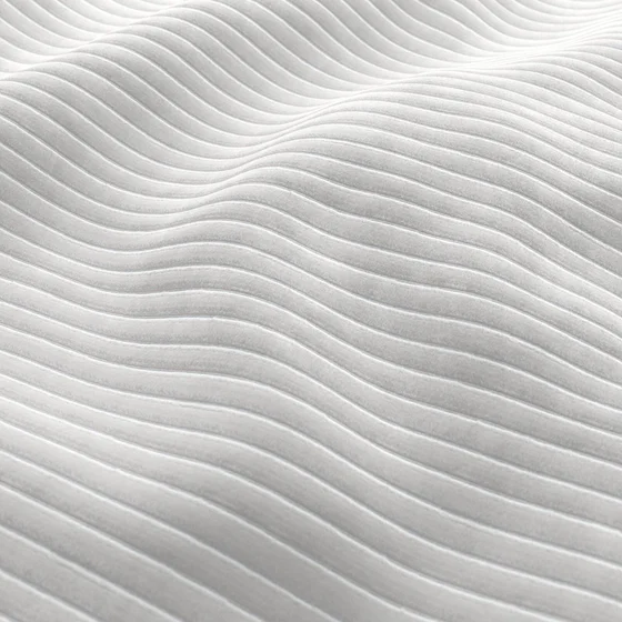 Photo of the fabric Embrace Marshmallow swatch by Zepel FibreGuard. Use for Curtains, Upholstery, Accessory, Top of Bed. Style of Stripe, Velvet