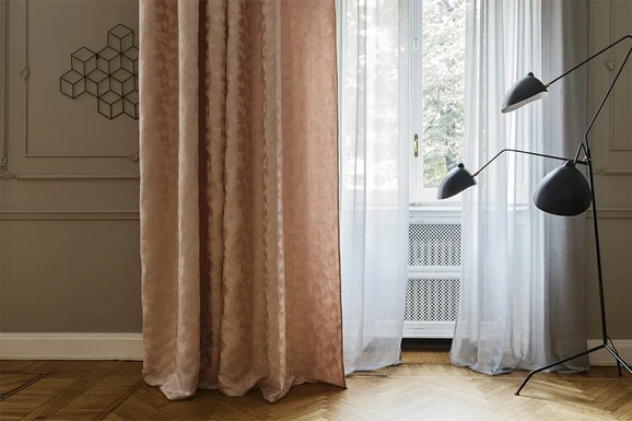 Photo of the fabric Tangram 14557 707 in situ by Fischbacher 1819. Use for Curtains. Style of Geometric, Texture