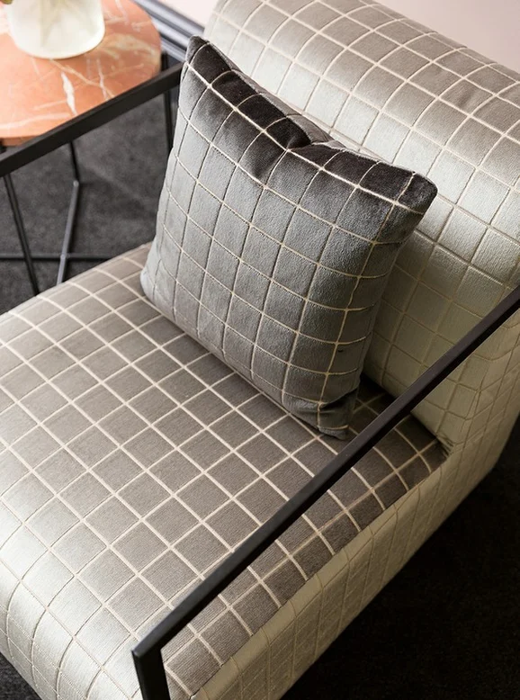Photo of the fabric Caxton Mink in situ by James Dunlop. Use for Upholstery, Accessory. Style of Geometric, Velvet
