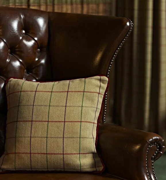 Photo of the fabric Heriot Slate in situ by James Dunlop Indent. Use for Curtains, Upholstery, Accessory, Top of Bed