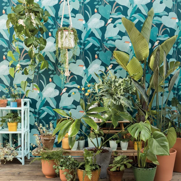 Photo of the fabric Amazonia Wallpaper 10142 62 15 in situ by James Dunlop. Use for Wall Covering. Style of Floral And Botannical