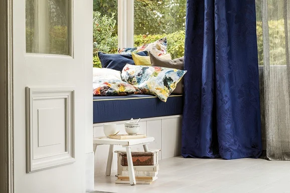 Photo of the fabric Jangala 14462 203 in situ by Fischbacher 1819. Use for Curtains, Accessory. Style of Floral And Botannical