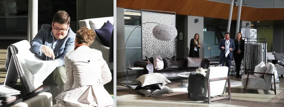 The&nbsp;Villa Nova&nbsp;|&nbsp;Kovacs Design Furniture&nbsp;stand.Left:&nbsp;Nick Handbury (Romo Group)&nbsp;shows the new collection from Villa Nova.&nbsp;Right: Sam Wilks (Kovacs Design Furniture) with Mark Mortimore (Kovacs Design Furniture) and Jill Durant (JDT).