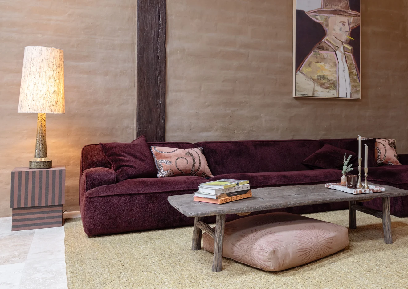 Big Easy Sofa by Molmic in Modernist colour Burgundy by Mokum, cushion in Panthera colour Whisky by Catherine Martin by Mokum | Photograph by Bianca Todd