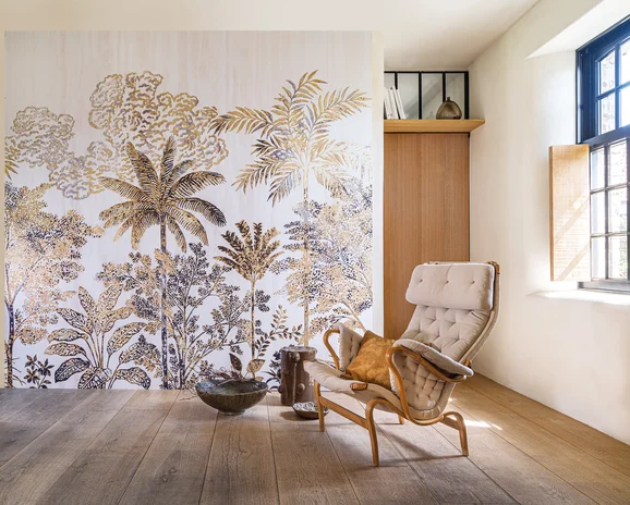 Photo of the fabric Siwa Panel 7529 7529 2242 in situ by Casamance. Use for Wall Covering, Wall Panel/Mural. Style of Floral And Botannical