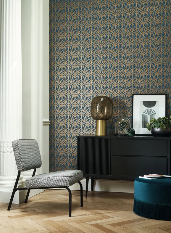 Photo of the fabric Palmette Wallpaper 8573 8573 12 02 in situ by Casadeco. Use for Wall Covering. Style of Floral And Botannical