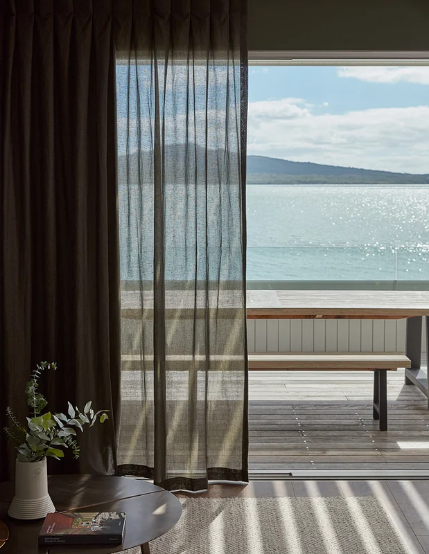 Photo of the fabric Cavalier Ivory in situ by James Dunlop Essentials. Use for Sheer Curtains. Style of Plain, Sheer
