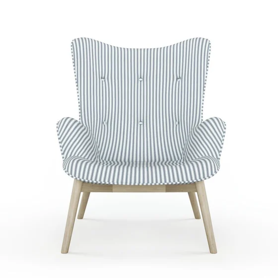 Photo of the fabric Ticking Stripe Indigo swatch by James Dunlop. Use for Upholstery, Accessory. Style of Stripe, Taffeta