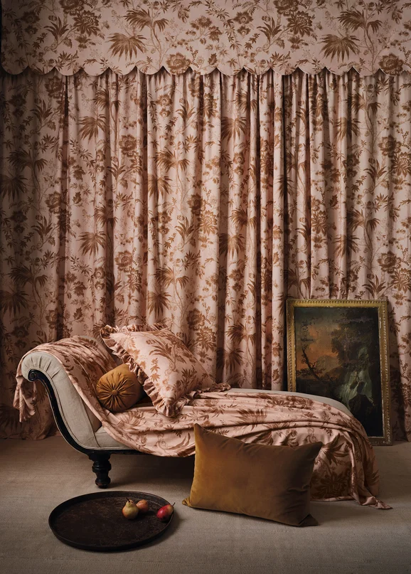 Photo of the fabric Chiya 7981 03 in situ by Romo. Use for Curtains, Upholstery Light Duty, Accessory, Top of Bed