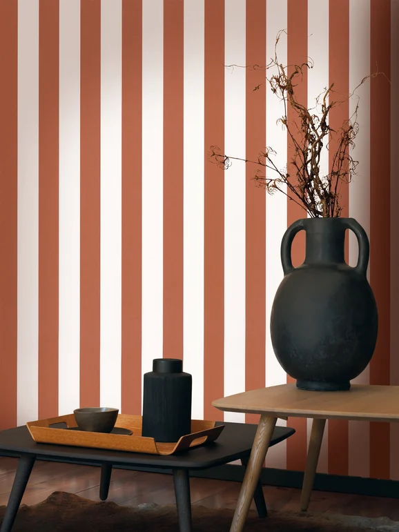 Photo of the fabric Olympe Wallpaper 8743 8743 83 90 in situ by Casadeco. Use for Wall Covering. Style of Stripe