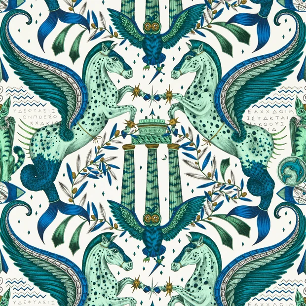 Photo of the fabric Odyssey Mythos Wallpaper W0215 1 swatch by Clarke & Clarke. Use for Wall Covering. Style of Animals And Birds, Uncoated Non-Woven