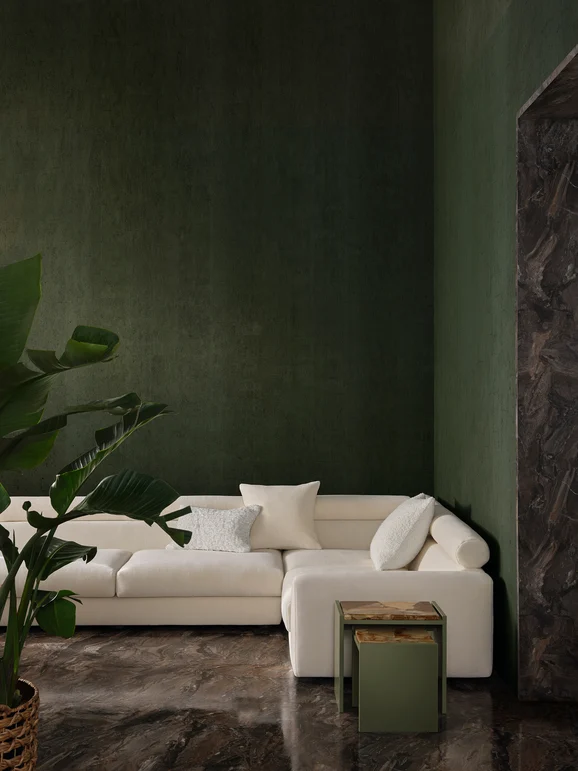 Photo of the fabric Oolite Matt ZW144 02 in situ by Zinc. Use for Wall Covering. Style of Plain, Texture