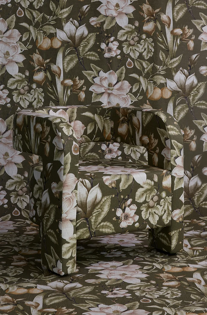 Modern curved chair and wall in green botanical textile