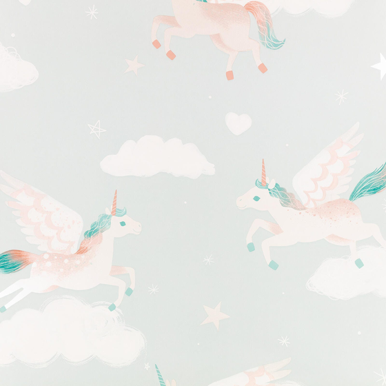 Photo of the fabric Dancing Unicorns Wallpaper W649 01 swatch by Villa Nova. Use for Wall Covering. Style of Childrens, Uncoated Non-Woven