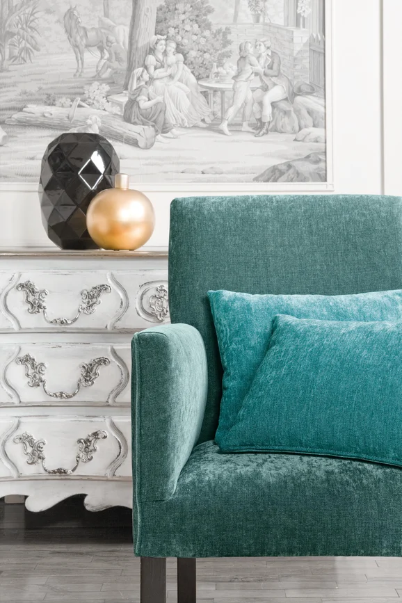 Photo of the fabric Amigo Pristine in situ by Zepel. Use for Curtains, Upholstery, Accessory, Top of Bed. Style of Chenille, Plain