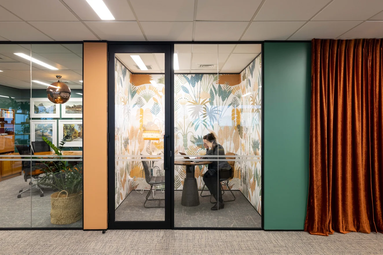 Wall panel in Manille by Casadeco & curtains in Recharge colour Terra by Zepel FibreGuard