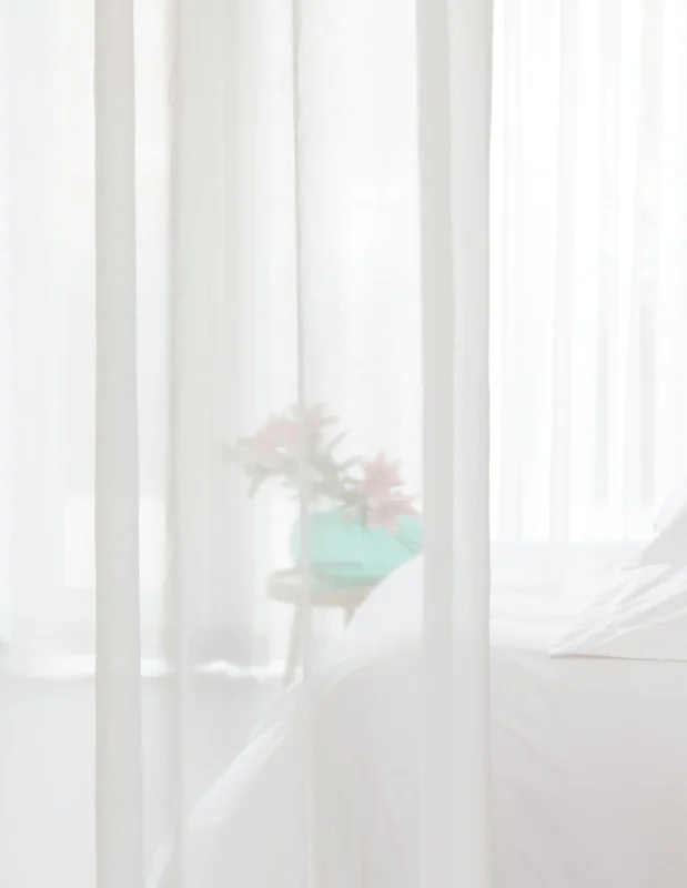 Photo of the fabric Upland Mist in situ by Zepel. Use for Sheer Curtains. Style of Plain, Sheer