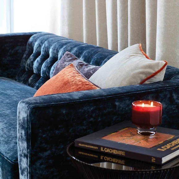 Photo of the fabric Mira FR V3224 08 in situ by Villa Nova. Use for Curtains, Upholstery, Accessory. Style of Plain, Velvet