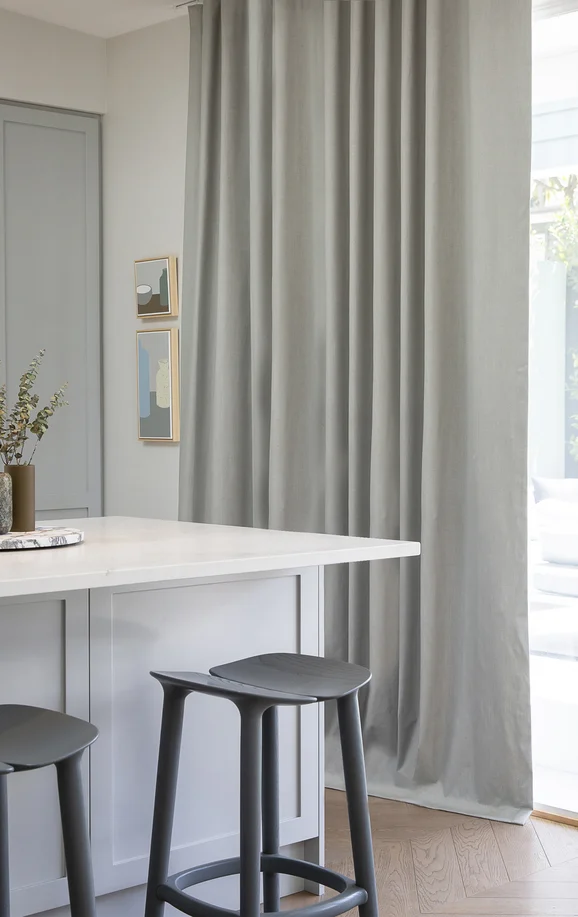 Photo of the fabric Northland Blackout Feather in situ by James Dunlop Essentials. Use for Curtains. Style of Plain