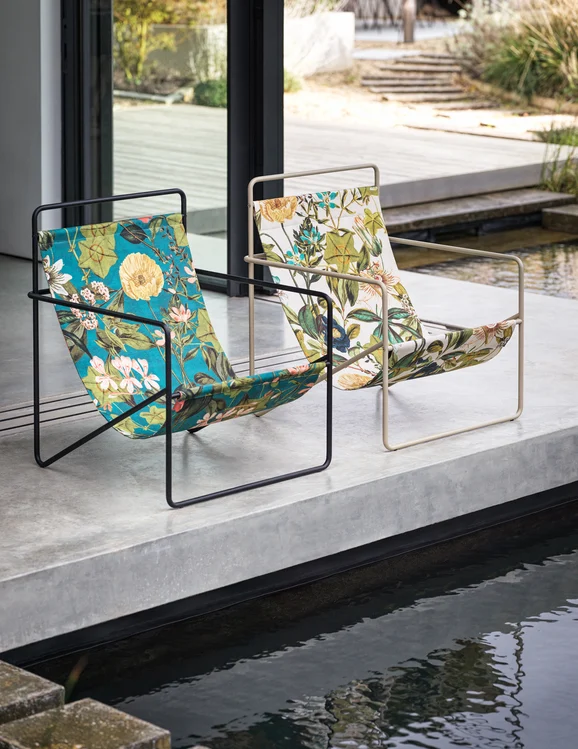 Photo of the fabric Passiflora Outdoor F1672 1 in situ by Clarke & Clarke. . Style of Floral And Botannical