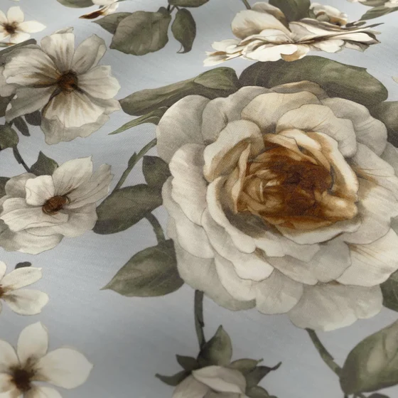 Photo of the fabric Miriam Sky swatch by Zepel. Use for Curtains, Upholstery Light Duty, Accessory, Top of Bed. Style of Floral And Botannical, Taffeta