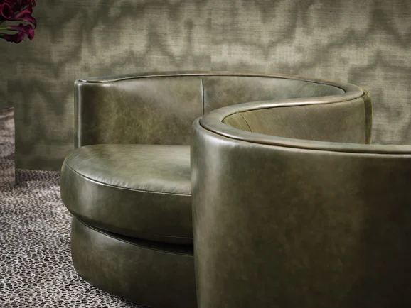 Photo of the fabric Jimi Hide Zl100 04 in situ by Zinc. Use for Upholstery, Accessory. Style of Leather And Vinyl, Plain