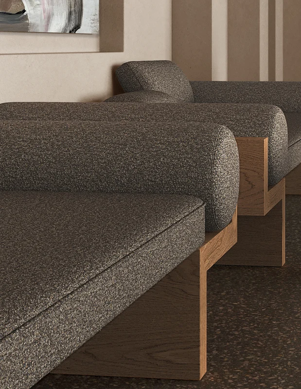 Photo of the fabric Raptor Putty in situ by James Dunlop FibreGuard. Use for Upholstery, Accessory, Top of Bed. Style of Plain, Texture