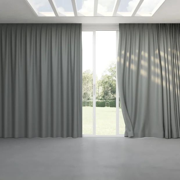 Photo of the fabric Infinite Celadon swatch by Mokum. Use for Curtains, Upholstery, Accessory, Top of Bed. Style of Plain, Texture