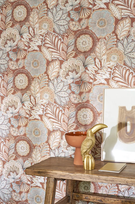Photo of the fabric Batik Wallpaper 8815 8815 68 22 in situ by Casadeco. Use for Wall Covering. Style of Floral And Botannical