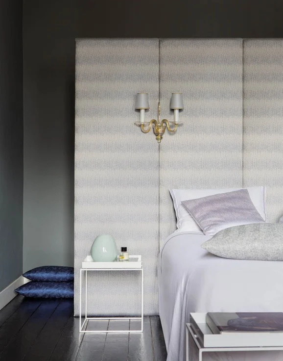 Photo of the fabric Glint Cappuccino in situ by Zepel. Use for Curtains, Accessory, Top of Bed. Style of Geometric, Jacquard
