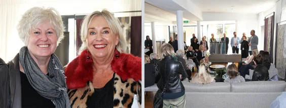 Left: Lynette Lochhead (Design on James) and Jennifer Bayley (Jennifer Bayley Interiors).Right: David Shaw (David Shaw) presents at Mantells On The Water, Auckland.