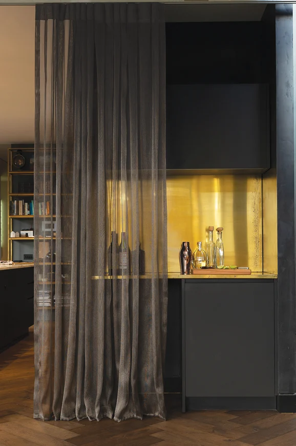 Photo of the fabric Armour FR Zinc in situ by James Dunlop. Use for Sheer Curtains. Style of Plain, Sheer