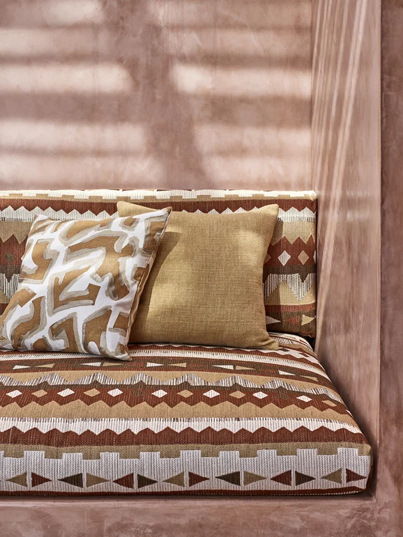 Photo of the fabric Sonhadoras Z736 03 in situ by Zinc. Use for Curtains, Upholstery Light Duty, Accessory. Style of Abstract