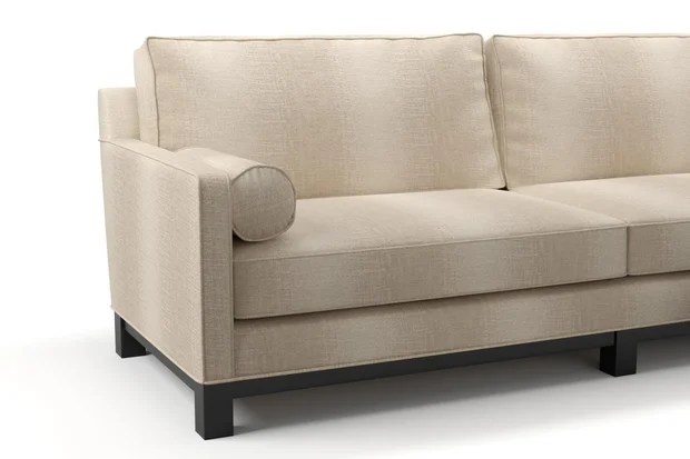 Photo of the fabric Maxime Sand swatch by James Dunlop. Use for Upholstery, Accessory. Style of Stripe, Texture
