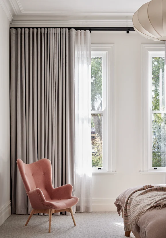Photo of the fabric Chateau Laurel in situ by James Dunlop. Use for Curtains, Upholstery, Accessory, Top of Bed. Style of Plain, Velvet